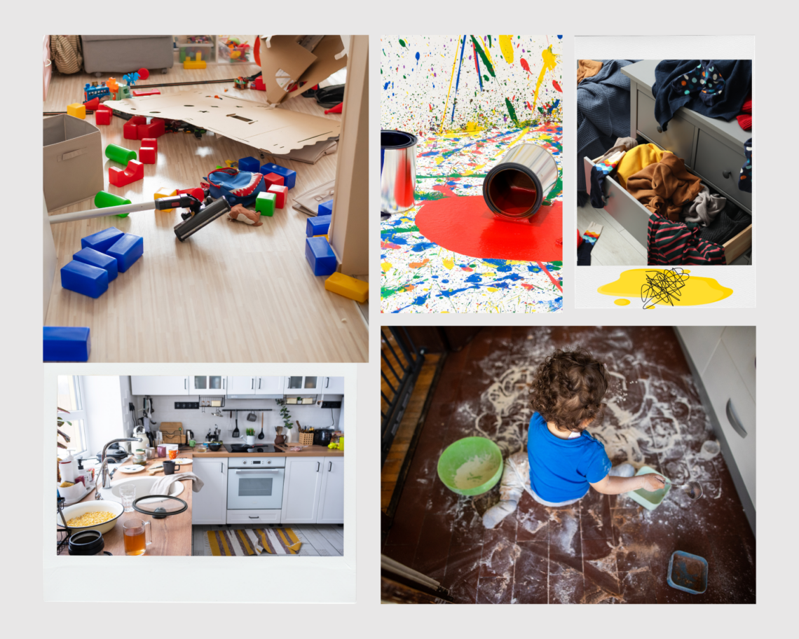 A collage of five photos showing the beautiful chaos of motherhood: scattered blue and green building blocks on a floor with a vacuum cleaner, a toddler sitting in a mess of flour on a dark wood floor, an overflowing dresser drawer with colorful laundry, a kitchen counter cluttered with dishes and tea, and a splattered paint mess. A yellow scribble at the bottom right symbolizes the mental load.