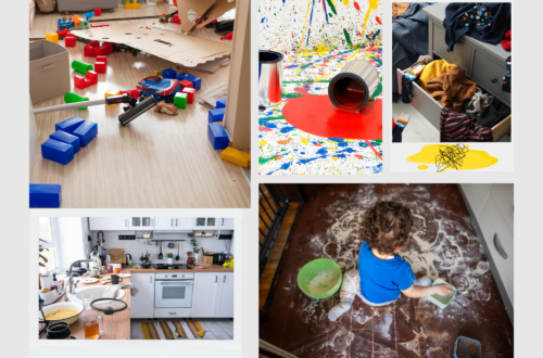 A collage of five photos showing the beautiful chaos of motherhood: scattered blue and green building blocks on a floor with a vacuum cleaner, a toddler sitting in a mess of flour on a dark wood floor, an overflowing dresser drawer with colorful laundry, a kitchen counter cluttered with dishes and tea, and a splattered paint mess. A yellow scribble at the bottom right symbolizes the mental load.