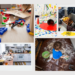 A collage of five photos showing the beautiful chaos of motherhood: scattered blue and green building blocks on a floor with a vacuum cleaner, a toddler sitting in a mess of flour on a dark wood floor, an overflowing dresser drawer with colorful laundry, a kitchen counter cluttered with dishes and tea, and a splattered paint mess. A yellow scribble at the bottom right symbolizes the mental load.
