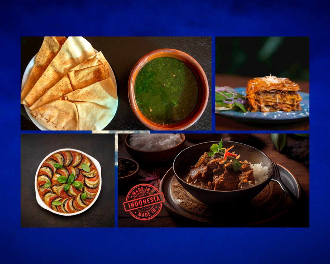 a collage of food, molokhia stew, rendang, ratattouille, and lasagna