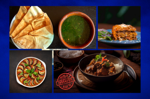 a collage of food, molokhia stew, rendang, ratattouille, and lasagna