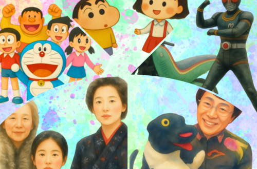 A colorful, watercolor-style collage of iconic childhood characters and figures from 1980s and 90s Indonesian television. The top half features animated characters Doraemon, Shin-chan, and Chibi Maruko-chan alongside the live-action hero Ksatria Baja Hitam (Kamen Rider Black). The bottom half shows a realistic illustration of the Japanese drama character Oshin as a young girl and woman, and a portrait of the friendly dragon Si Komo with the smiling mentor Kak Seto. The entire composition is set against a soft, pastel-colored artistic background