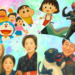 A colorful, watercolor-style collage of iconic childhood characters and figures from 1980s and 90s Indonesian television. The top half features animated characters Doraemon, Shin-chan, and Chibi Maruko-chan alongside the live-action hero Ksatria Baja Hitam (Kamen Rider Black). The bottom half shows a realistic illustration of the Japanese drama character Oshin as a young girl and woman, and a portrait of the friendly dragon Si Komo with the smiling mentor Kak Seto. The entire composition is set against a soft, pastel-colored artistic background