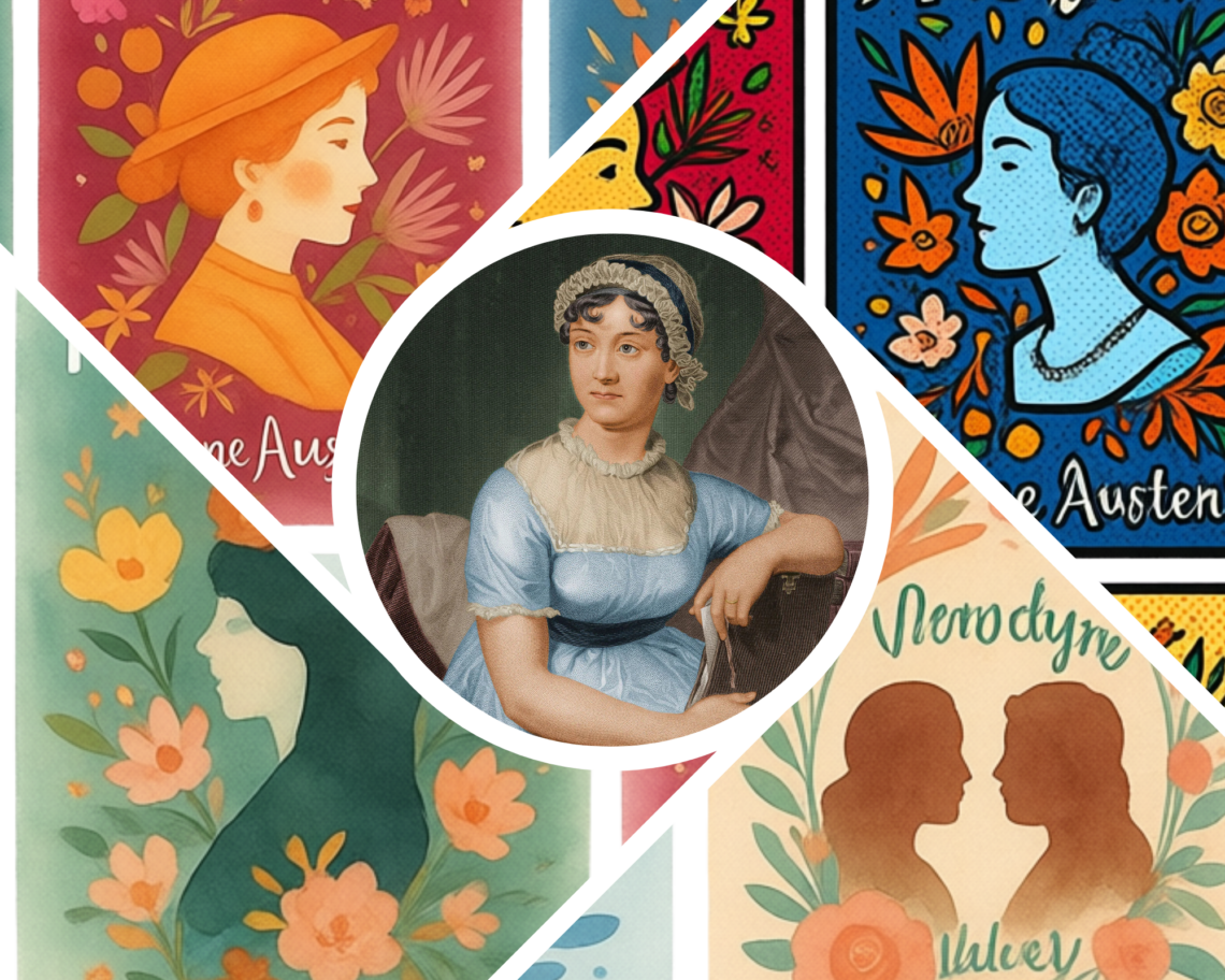 A collage centered on a classic portrait of Jane Austen in a blue dress and bonnet, surrounded by four stylized panels of diverse women. To the left, a woman in a warm orange hat and another in a dark green hijab are framed by soft floral patterns. To the right, a woman in blue and two silhouetted figures are depicted in a vibrant, pop-art and watercolor style. The composition illustrates the bridge between 19th-century literature and modern, multicultural identity.