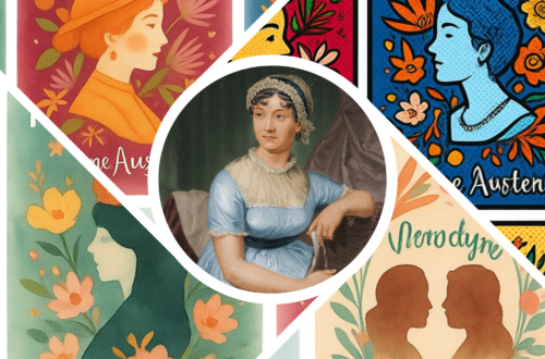 A collage centered on a classic portrait of Jane Austen in a blue dress and bonnet, surrounded by four stylized panels of diverse women. To the left, a woman in a warm orange hat and another in a dark green hijab are framed by soft floral patterns. To the right, a woman in blue and two silhouetted figures are depicted in a vibrant, pop-art and watercolor style. The composition illustrates the bridge between 19th-century literature and modern, multicultural identity.