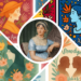 A collage centered on a classic portrait of Jane Austen in a blue dress and bonnet, surrounded by four stylized panels of diverse women. To the left, a woman in a warm orange hat and another in a dark green hijab are framed by soft floral patterns. To the right, a woman in blue and two silhouetted figures are depicted in a vibrant, pop-art and watercolor style. The composition illustrates the bridge between 19th-century literature and modern, multicultural identity.