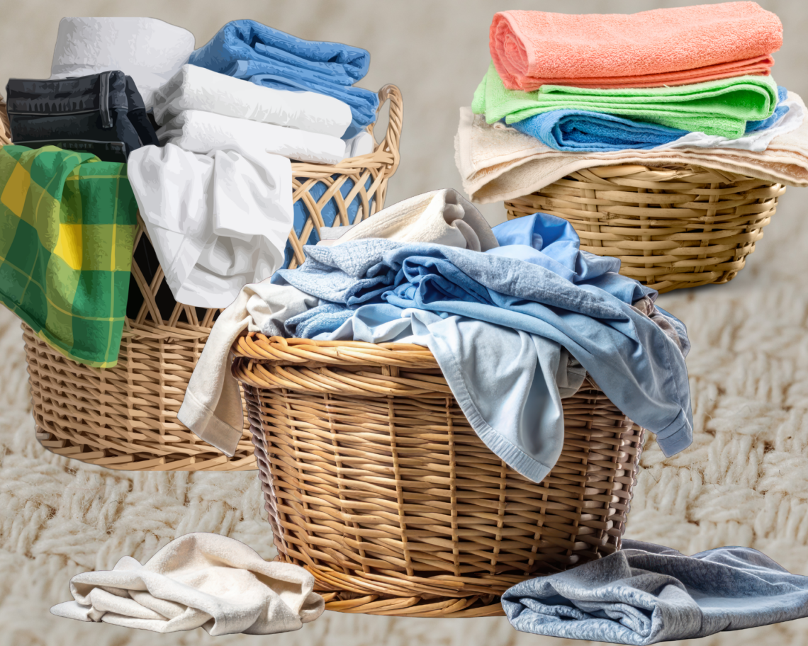 An image of three large woven laundry baskets packed with clean, folded clothes and towels. Bright greens, blues, and whites are visible. A few items of clothing lie softly on the plush rug in the foreground. The background is a neutral, textured wall.