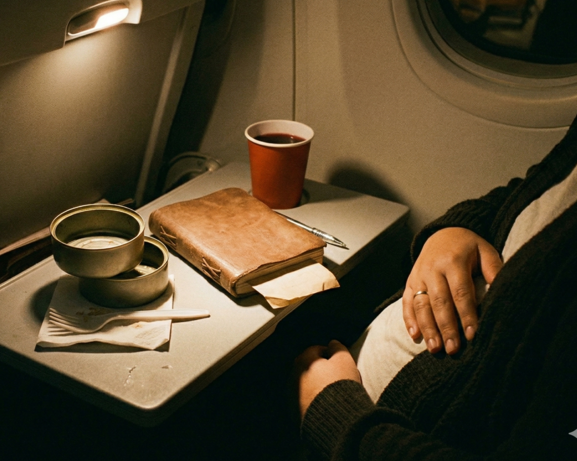A close-up shot of a fold-down airplane tray table in a dimly lit cabin. Two empty metallic tuna tins are stacked on a white napkin. A brown leather journal with a pen and a red paper cup are nearby. To the right, a passenger in a dark sweater rests their hand on their belly. The scene is illuminated by a warm overhead reading light.