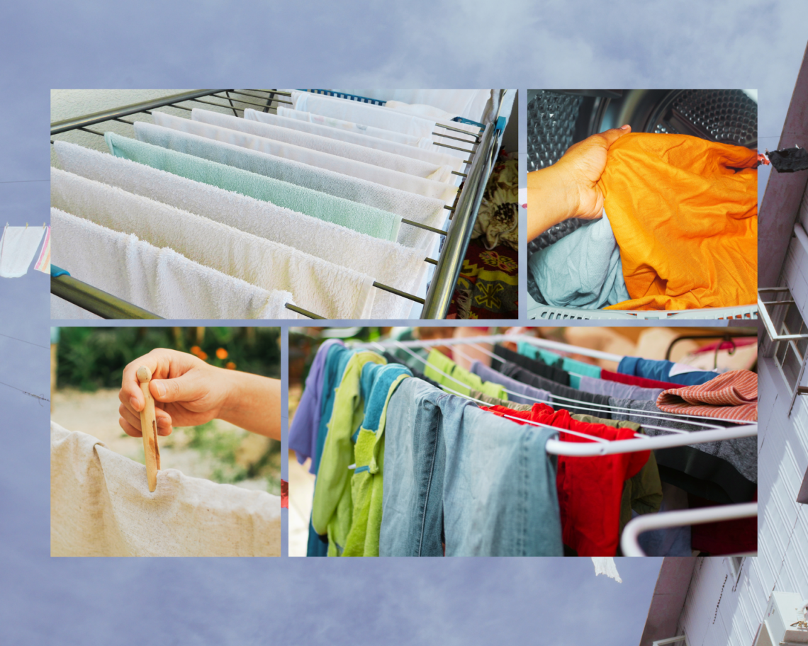 A collage of laundry racks, wooden clothespins, and washing machine cycles in a large family home. High-volume sun-drying laundry system in a Sharjah villa.
