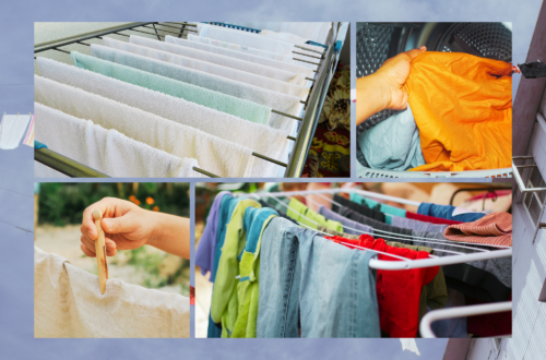 A collage of laundry racks, wooden clothespins, and washing machine cycles in a large family home. High-volume sun-drying laundry system in a Sharjah villa.