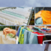 A collage of laundry racks, wooden clothespins, and washing machine cycles in a large family home. High-volume sun-drying laundry system in a Sharjah villa.