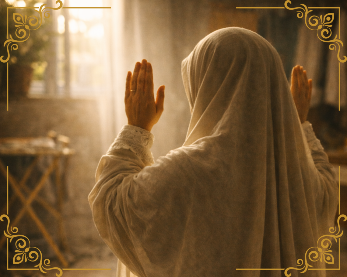 A cinematic, warm-toned photograph of a woman from behind, wearing a heavy, cream-colored prayer dress (isra). Her hands are raised in the opening Takbir of prayer, facing toward a soft, hazy light streaming through a window. The background is softly blurred, suggesting a domestic interior with the golden glow of a Sharjah afternoon. The image is framed with elegant gold filigree corners, emphasizing the sacredness of the quiet, private moment.