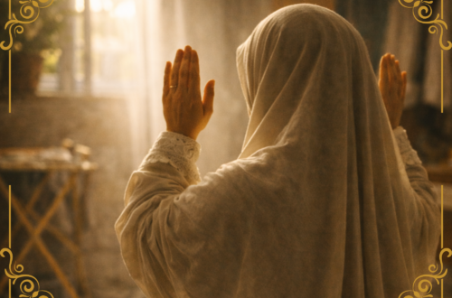 A cinematic, warm-toned photograph of a woman from behind, wearing a heavy, cream-colored prayer dress (isra). Her hands are raised in the opening Takbir of prayer, facing toward a soft, hazy light streaming through a window. The background is softly blurred, suggesting a domestic interior with the golden glow of a Sharjah afternoon. The image is framed with elegant gold filigree corners, emphasizing the sacredness of the quiet, private moment.