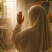A cinematic, warm-toned photograph of a woman from behind, wearing a heavy, cream-colored prayer dress (isra). Her hands are raised in the opening Takbir of prayer, facing toward a soft, hazy light streaming through a window. The background is softly blurred, suggesting a domestic interior with the golden glow of a Sharjah afternoon. The image is framed with elegant gold filigree corners, emphasizing the sacredness of the quiet, private moment.