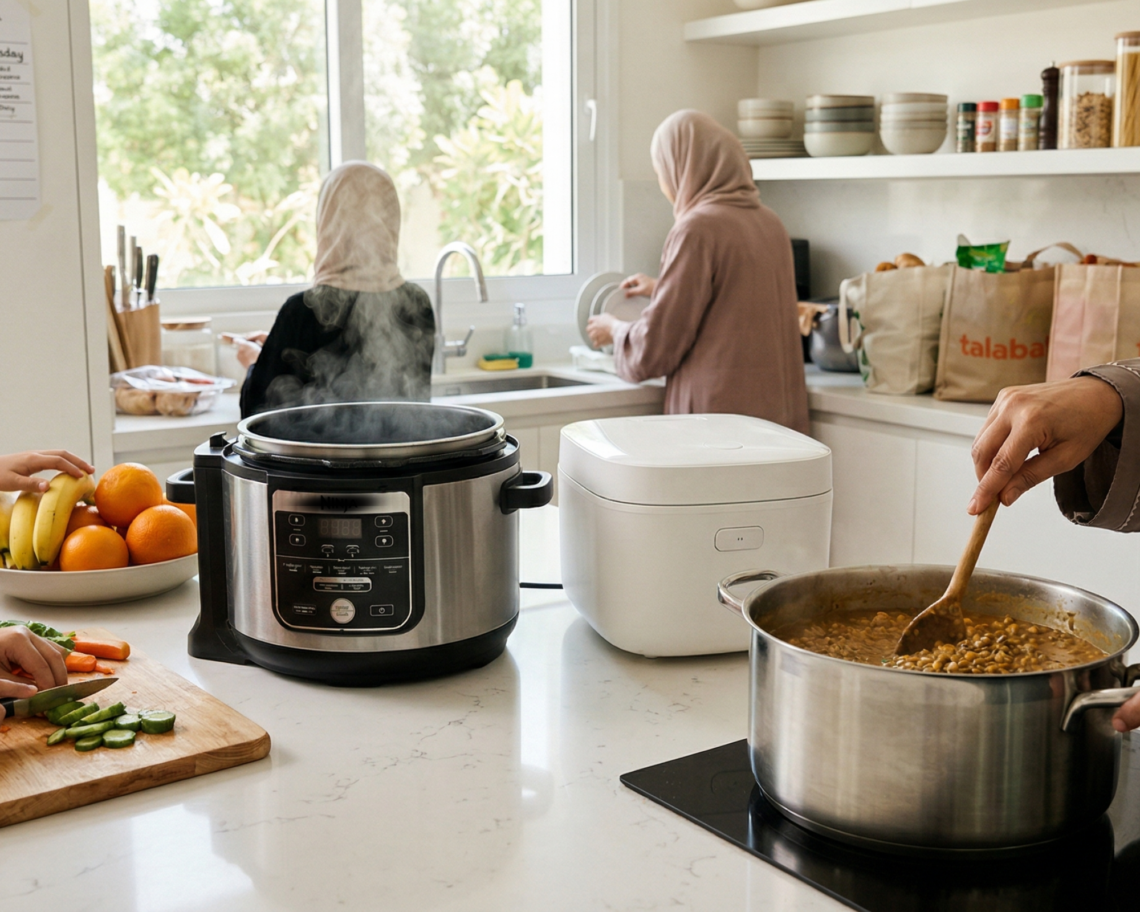 A bright, airy kitchen scene showing the faceless hands of a Muslim mother and her children preparing a large meal. In the foreground, a mother's hands stir a steaming stainless steel pot on a modern stovetop. Nearby, children's hands are busy chopping vegetables and reaching for fresh fruit. On the side counter, a multi-cooker and rice cooker sit among grocery bags, while a hand-designed family chore chart is visible on the wall in the background. The atmosphere is warm, sun-drenched, and captures the busy, organized rhythm of a large household