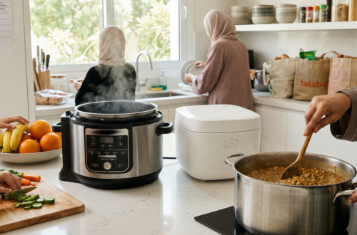 A bright, airy kitchen scene showing the faceless hands of a Muslim mother and her children preparing a large meal. In the foreground, a mother's hands stir a steaming stainless steel pot on a modern stovetop. Nearby, children's hands are busy chopping vegetables and reaching for fresh fruit. On the side counter, a multi-cooker and rice cooker sit among grocery bags, while a hand-designed family chore chart is visible on the wall in the background. The atmosphere is warm, sun-drenched, and captures the busy, organized rhythm of a large household