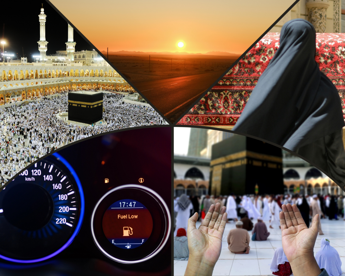 A dramatic five-panel collage illustrating a first Umrah journey. The top panels show the Masjid al-Haram at night, a lonely desert highway at sunset, and the back of a woman in a black abaya. The bottom panels feature a car dashboard with a glowing 'Fuel Low' warning light and a pair of open hands raised in prayer before the Kaaba in Makkah. The imagery captures the transition from the vulnerability of a desert road trip to the spiritual sanctuary of the Haram.