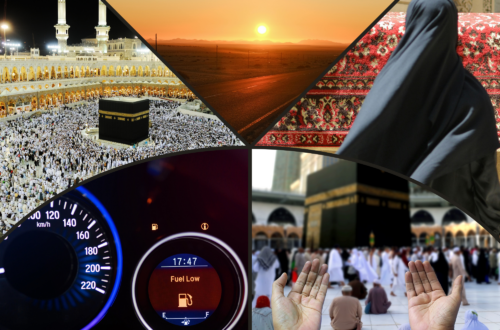 A dramatic five-panel collage illustrating a first Umrah journey. The top panels show the Masjid al-Haram at night, a lonely desert highway at sunset, and the back of a woman in a black abaya. The bottom panels feature a car dashboard with a glowing 'Fuel Low' warning light and a pair of open hands raised in prayer before the Kaaba in Makkah. The imagery captures the transition from the vulnerability of a desert road trip to the spiritual sanctuary of the Haram.