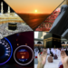 A dramatic five-panel collage illustrating a first Umrah journey. The top panels show the Masjid al-Haram at night, a lonely desert highway at sunset, and the back of a woman in a black abaya. The bottom panels feature a car dashboard with a glowing 'Fuel Low' warning light and a pair of open hands raised in prayer before the Kaaba in Makkah. The imagery captures the transition from the vulnerability of a desert road trip to the spiritual sanctuary of the Haram.