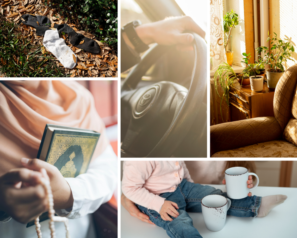 Warm collage capturing ordinary Muslim motherhood and faith-filled daily life: a missing white sock lying outdoors, hands on a steering wheel during a school run, soft morning sunlight in a quiet living room with plants, a woman holding Quran and prayer beads, and a calm breakfast moment with a child holding mugs. The images reflect the spirituality of ordinary Tuesdays, school-morning routines, and finding barakah in small repetitive moments.