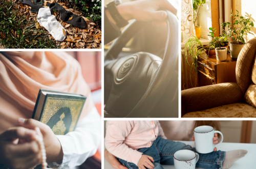 Warm collage capturing ordinary Muslim motherhood and faith-filled daily life: a missing white sock lying outdoors, hands on a steering wheel during a school run, soft morning sunlight in a quiet living room with plants, a woman holding Quran and prayer beads, and a calm breakfast moment with a child holding mugs. The images reflect the spirituality of ordinary Tuesdays, school-morning routines, and finding barakah in small repetitive moments.