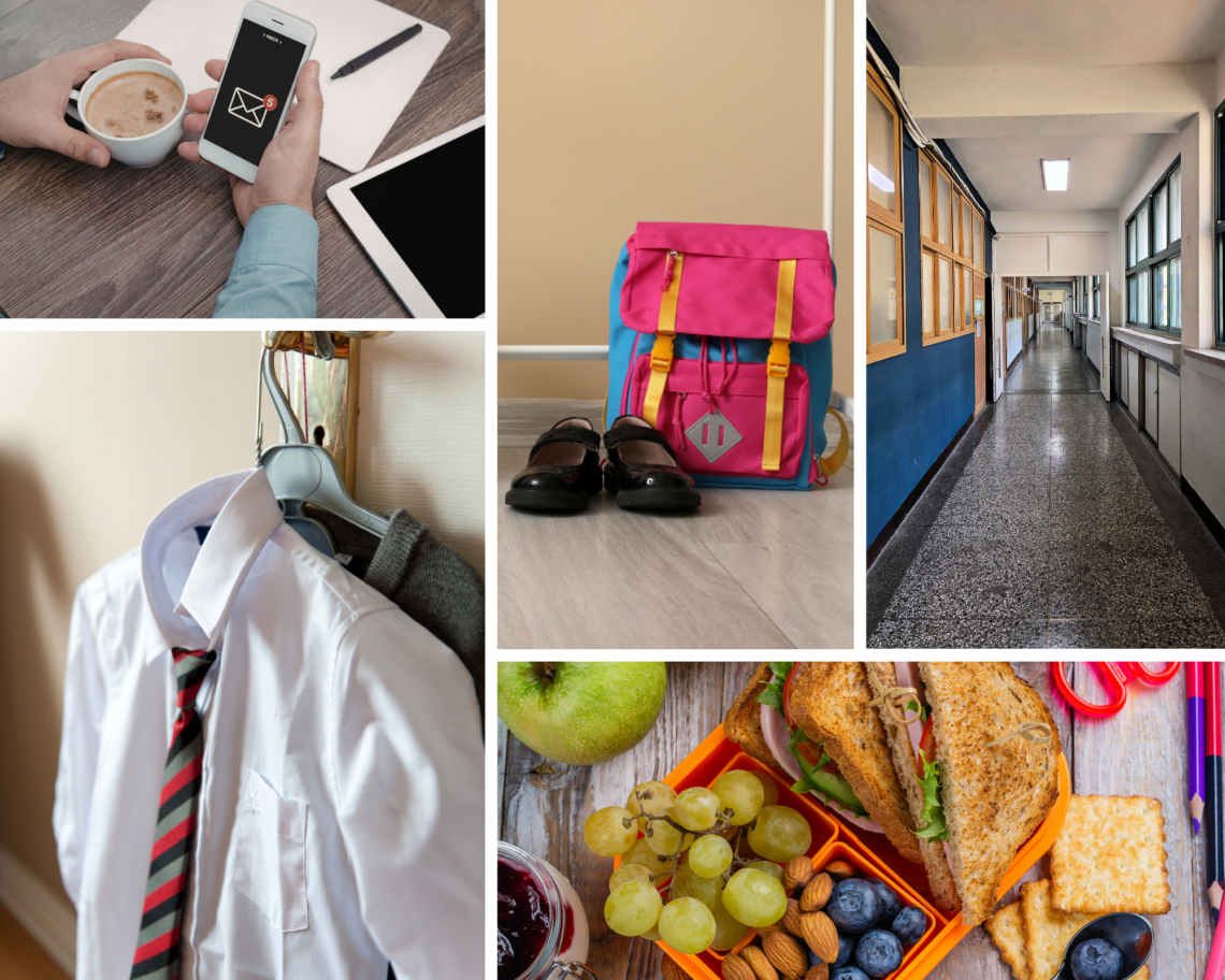 Collage of modern school-morning life featuring a phone with unread notifications beside coffee, school uniforms hanging ready, a backpack and shoes prepared for the next day, an empty school hallway, and packed lunchboxes. The images reflect the quiet emotional rhythm of modern motherhood, school routines, and preparing children for ordinary days again.