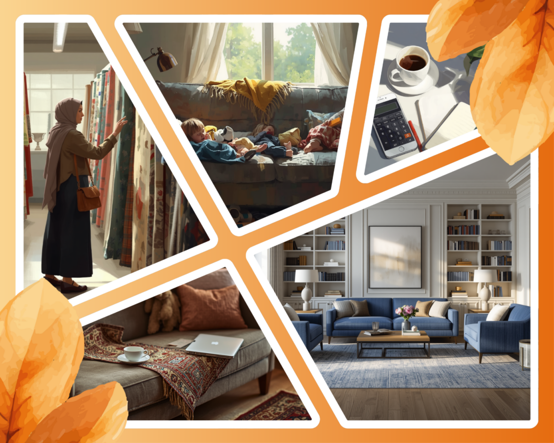 Warm collage illustrating the emotional atmosphere of womanhood, home, and financial vulnerability: a Muslim woman browsing rugs and fabric in a store, children resting on a worn family sofa, coffee and budgeting notes beside a calculator, a cozy lived-in couch with a laptop and tea, and a beautiful dream living room with new sofas and a large rug. The collage reflects the longing for softness, beauty, dignity, and emotional ease inside ordinary family life.