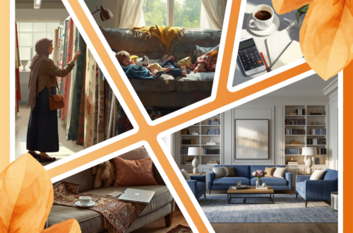 Warm collage illustrating the emotional atmosphere of womanhood, home, and financial vulnerability: a Muslim woman browsing rugs and fabric in a store, children resting on a worn family sofa, coffee and budgeting notes beside a calculator, a cozy lived-in couch with a laptop and tea, and a beautiful dream living room with new sofas and a large rug. The collage reflects the longing for softness, beauty, dignity, and emotional ease inside ordinary family life.