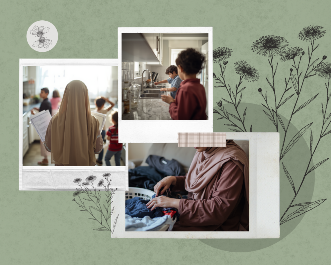 Soft green-toned collage illustrating the invisible labor of motherhood in a large Muslim family: a hijabi mother holding papers while children move around the kitchen, children helping wash dishes together, and a mother folding laundry quietly. Botanical sketches and soft neutral colors create a warm, reflective atmosphere about caregiving, teamwork, mental load, and everyday family life.