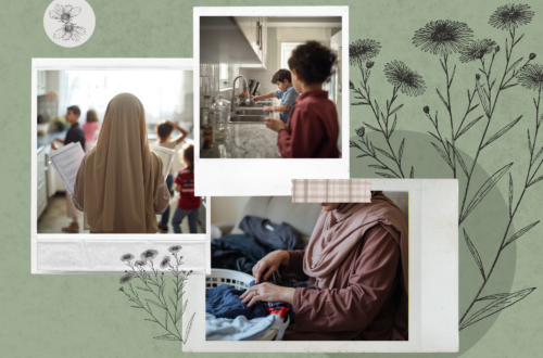 Soft green-toned collage illustrating the invisible labor of motherhood in a large Muslim family: a hijabi mother holding papers while children move around the kitchen, children helping wash dishes together, and a mother folding laundry quietly. Botanical sketches and soft neutral colors create a warm, reflective atmosphere about caregiving, teamwork, mental load, and everyday family life.