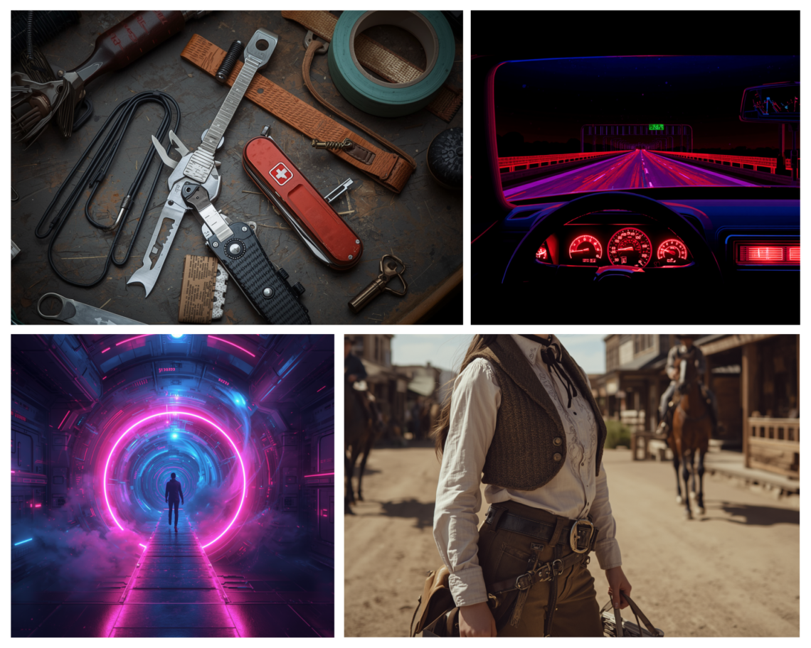 “Retro-inspired collage capturing the imaginative world of 80s and 90s television nostalgia: MacGyver-style survival tools and multitools scattered on a workbench, a neon-lit futuristic car dashboard inspired by Knight Rider, a glowing sci-fi time portal reminiscent of Quantum Leap, and a Wild West cowgirl figure standing in a dusty frontier town. The collage reflects childhood imagination, imported television culture, adventure fantasies, and the cinematic inner worlds children created before the internet era.”