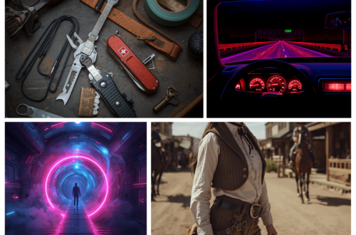 “Retro-inspired collage capturing the imaginative world of 80s and 90s television nostalgia: MacGyver-style survival tools and multitools scattered on a workbench, a neon-lit futuristic car dashboard inspired by Knight Rider, a glowing sci-fi time portal reminiscent of Quantum Leap, and a Wild West cowgirl figure standing in a dusty frontier town. The collage reflects childhood imagination, imported television culture, adventure fantasies, and the cinematic inner worlds children created before the internet era.”