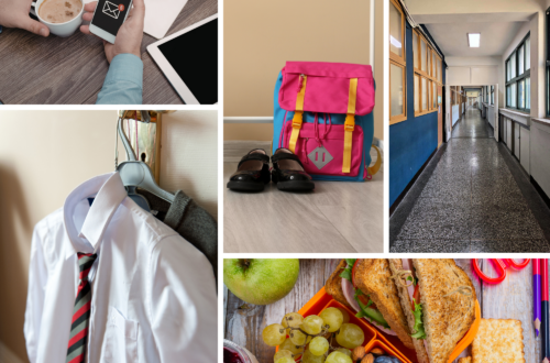 Collage of modern school-morning life featuring a phone with unread notifications beside coffee, school uniforms hanging ready, a backpack and shoes prepared for the next day, an empty school hallway, and packed lunchboxes. The images reflect the quiet emotional rhythm of modern motherhood, school routines, and preparing children for ordinary days again.