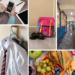 Collage of modern school-morning life featuring a phone with unread notifications beside coffee, school uniforms hanging ready, a backpack and shoes prepared for the next day, an empty school hallway, and packed lunchboxes. The images reflect the quiet emotional rhythm of modern motherhood, school routines, and preparing children for ordinary days again.