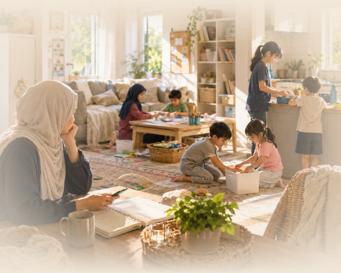 A warm, sunlit illustration of a Muslim mother in a hijab reflecting at a table with a notebook, while her five children safely play and prepare snacks in the cozy, golden-lit background of their living room.