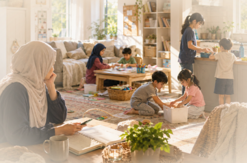 A warm, sunlit illustration of a Muslim mother in a hijab reflecting at a table with a notebook, while her five children safely play and prepare snacks in the cozy, golden-lit background of their living room.
