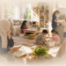 A warm, sunlit illustration of a Muslim mother in a hijab reflecting at a table with a notebook, while her five children safely play and prepare snacks in the cozy, golden-lit background of their living room.