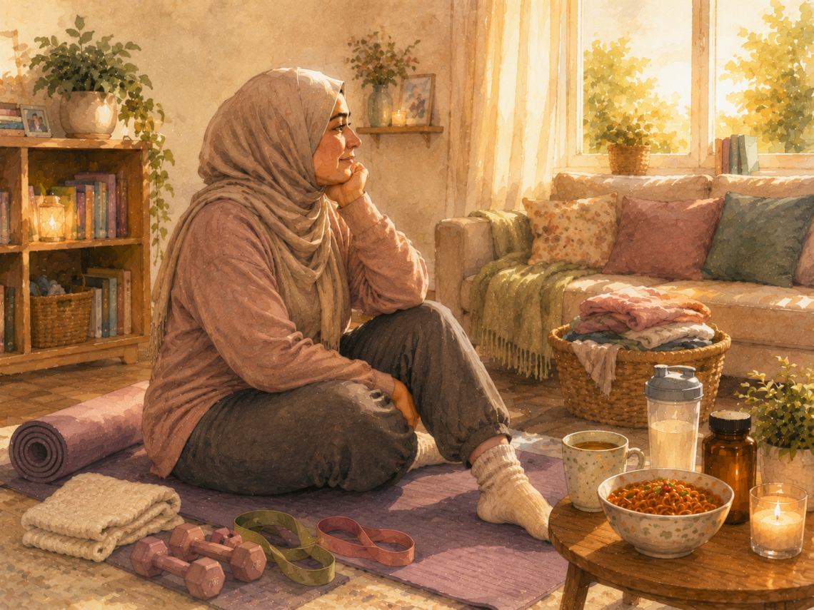 Soft watercolor illustration of a plus-size Muslim woman wearing a neutral hijab and socks sitting on a Pilates mat in a sunlit family living room after exercise, surrounded by resistance bands, dumbbells, folded laundry, books, tea, a protein drink, and a bowl of spicy noodles.