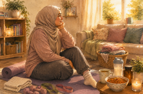 Soft watercolor illustration of a plus-size Muslim woman wearing a neutral hijab and socks sitting on a Pilates mat in a sunlit family living room after exercise, surrounded by resistance bands, dumbbells, folded laundry, books, tea, a protein drink, and a bowl of spicy noodles.