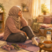 Soft watercolor illustration of a plus-size Muslim woman wearing a neutral hijab and socks sitting on a Pilates mat in a sunlit family living room after exercise, surrounded by resistance bands, dumbbells, folded laundry, books, tea, a protein drink, and a bowl of spicy noodles.