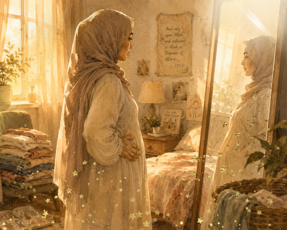 A soft, warm watercolor illustration in a gentle children's book aesthetic showing a Muslim mother in a long cream-colored gown and a dusty rose hijab. She stands in side profile, looking thoughtfully into a large full-length mirror in a bedroom filled with amber afternoon sunlight. Her hand rests gently on her waist as she contemplates her reflection. In the background, elements of a full, busy life are visible: a neatly folded stack of laundry on a chair, a children's book titled "The Little Muslimah" on a nightstand, and a framed Quranic reminder hanging on the wall that reads "And rely upon Allah; and sufficient is Allah as Disposer of affairs (33:3)." Subtle, magical light effects and star dust trail softly across the foreground.