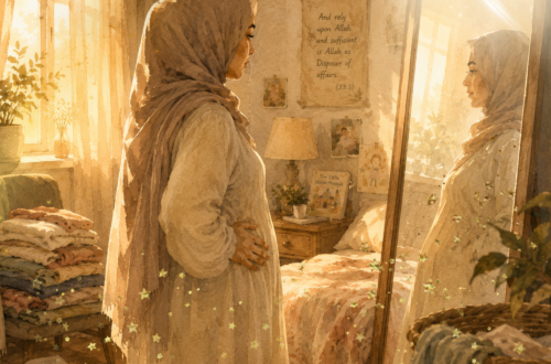 A soft, warm watercolor illustration in a gentle children's book aesthetic showing a Muslim mother in a long cream-colored gown and a dusty rose hijab. She stands in side profile, looking thoughtfully into a large full-length mirror in a bedroom filled with amber afternoon sunlight. Her hand rests gently on her waist as she contemplates her reflection. In the background, elements of a full, busy life are visible: a neatly folded stack of laundry on a chair, a children's book titled "The Little Muslimah" on a nightstand, and a framed Quranic reminder hanging on the wall that reads "And rely upon Allah; and sufficient is Allah as Disposer of affairs (33:3)." Subtle, magical light effects and star dust trail softly across the foreground.
