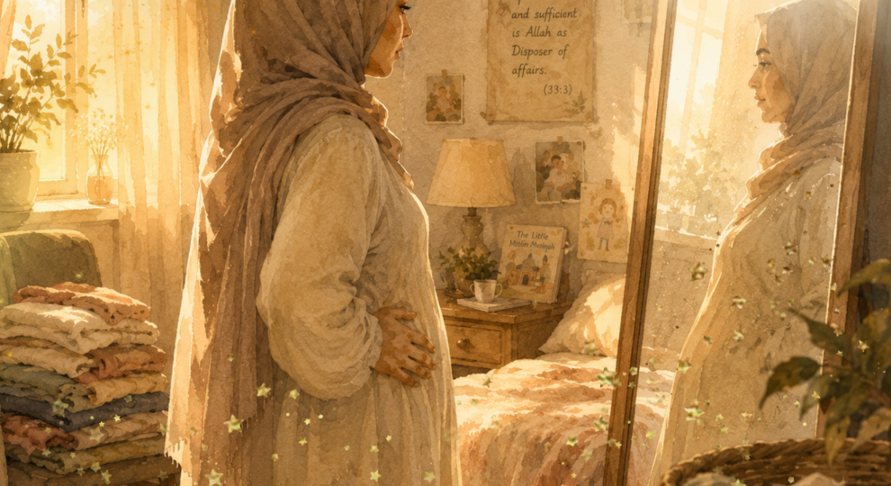 A soft, warm watercolor illustration in a gentle children's book aesthetic showing a Muslim mother in a long cream-colored gown and a dusty rose hijab. She stands in side profile, looking thoughtfully into a large full-length mirror in a bedroom filled with amber afternoon sunlight. Her hand rests gently on her waist as she contemplates her reflection. In the background, elements of a full, busy life are visible: a neatly folded stack of laundry on a chair, a children's book titled "The Little Muslimah" on a nightstand, and a framed Quranic reminder hanging on the wall that reads "And rely upon Allah; and sufficient is Allah as Disposer of affairs (33:3)." Subtle, magical light effects and star dust trail softly across the foreground.