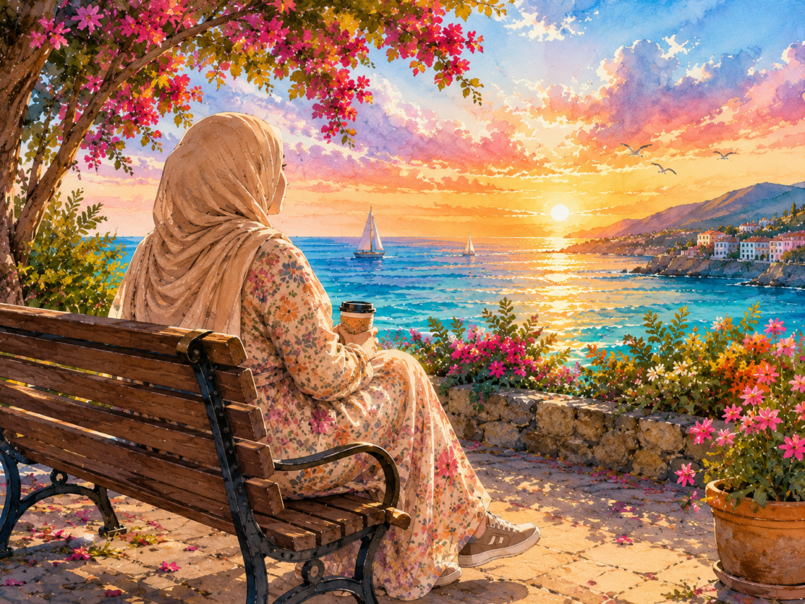 Muslim woman in a hijab sitting by the sea at sunset in a colorful watercolor illustration, reflecting on midlife, caregiving, and renewal.