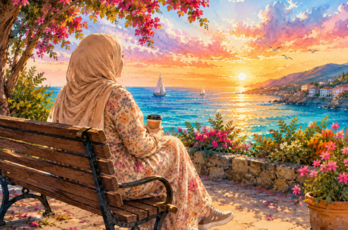Muslim woman in a hijab sitting by the sea at sunset in a colorful watercolor illustration, reflecting on midlife, caregiving, and renewal.