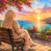 Muslim woman in a hijab sitting by the sea at sunset in a colorful watercolor illustration, reflecting on midlife, caregiving, and renewal.
