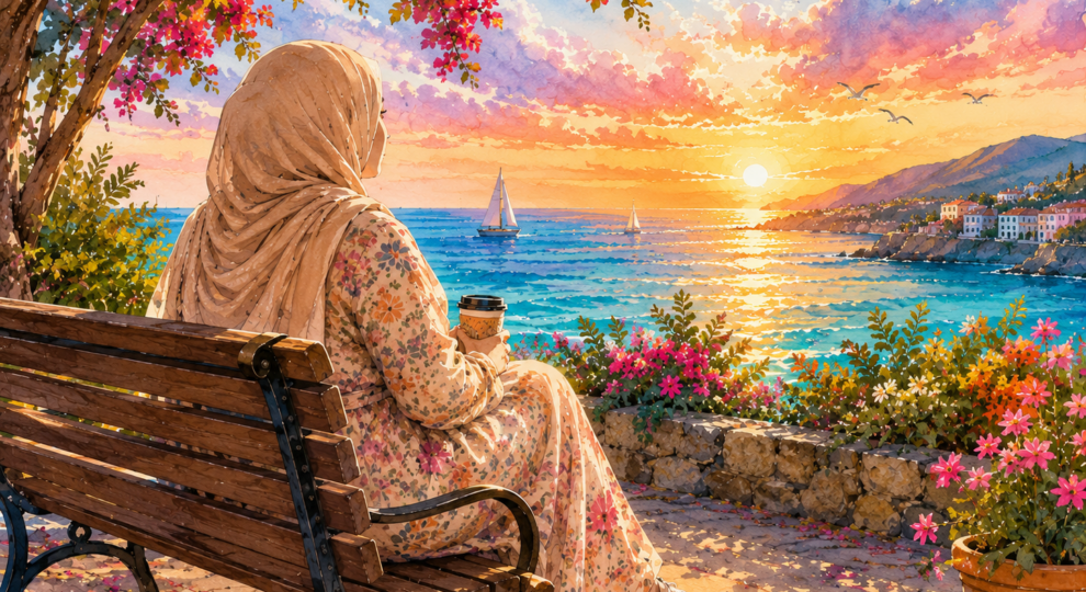 Muslim woman in a hijab sitting by the sea at sunset in a colorful watercolor illustration, reflecting on midlife, caregiving, and renewal.