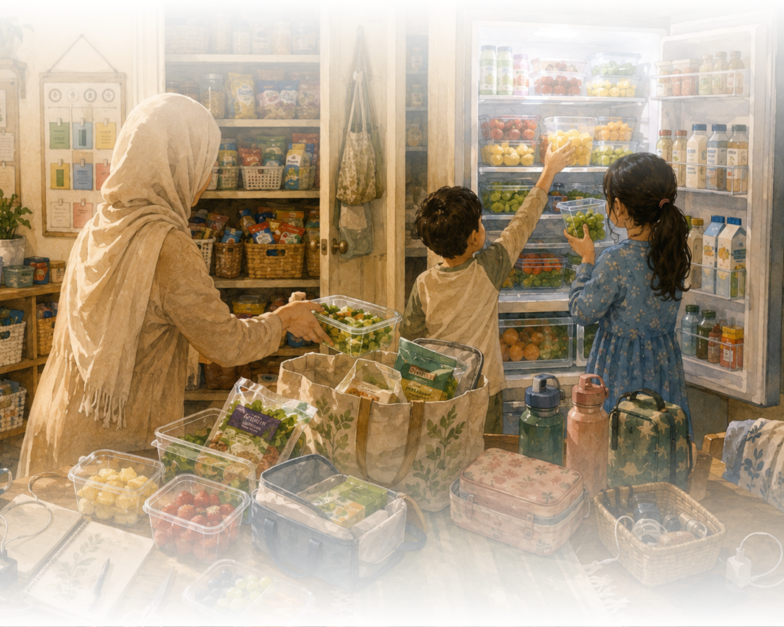 A warm watercolor illustration depicting a mother building systems to reduce daily friction. Prepared fruit, organized groceries, reusable containers, and helping children reflect the unseen accommodations many women create to navigate chronic fatigue, brain fog, and limited cognitive bandwidth.