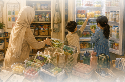 A warm watercolor illustration depicting a mother building systems to reduce daily friction. Prepared fruit, organized groceries, reusable containers, and helping children reflect the unseen accommodations many women create to navigate chronic fatigue, brain fog, and limited cognitive bandwidth.