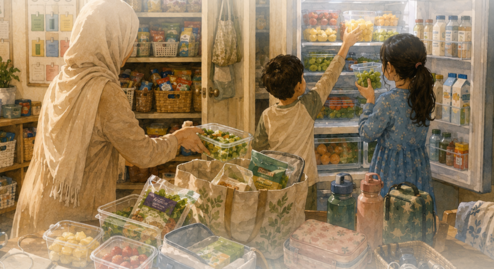 A warm watercolor illustration depicting a mother building systems to reduce daily friction. Prepared fruit, organized groceries, reusable containers, and helping children reflect the unseen accommodations many women create to navigate chronic fatigue, brain fog, and limited cognitive bandwidth.